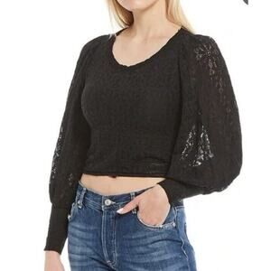 FREE PEOPLE Balloon Sleeve Lace Top Women's Black XS TP